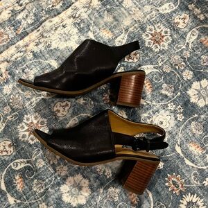 Franco Sarto Black Leather Mules with Wooden Heel